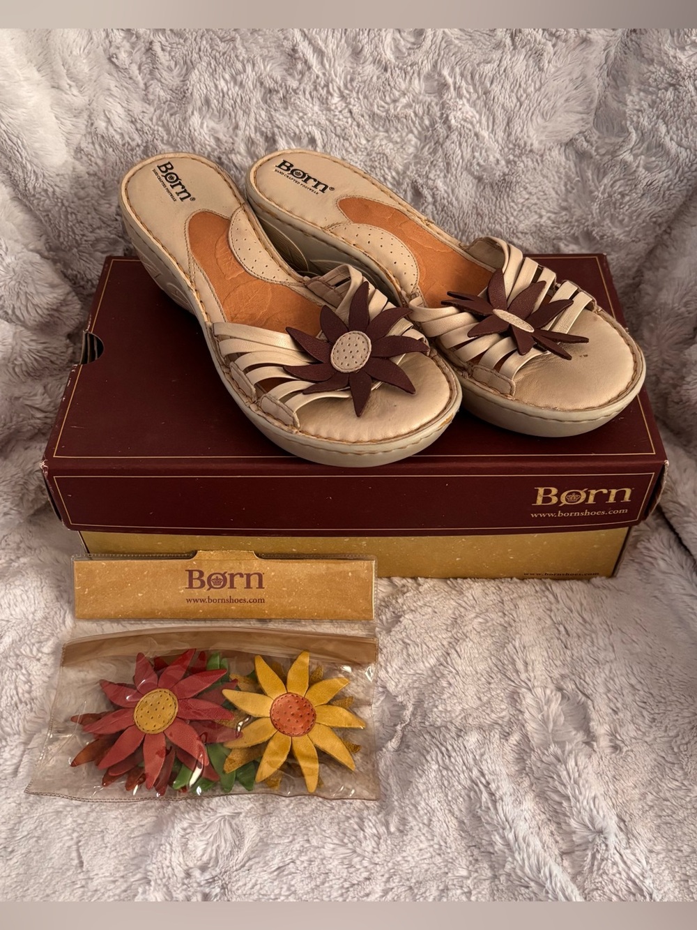 Born Beige Sandals with Interchangeable Flowers - Handcrafted Footwear - Size 8